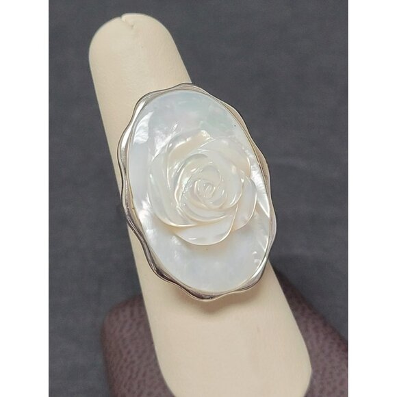 Vintage DK Sterling Silver 925 & Mother of Pearl Rose Carved Size 7.75 Ring 42 - Picture 1 of 10
